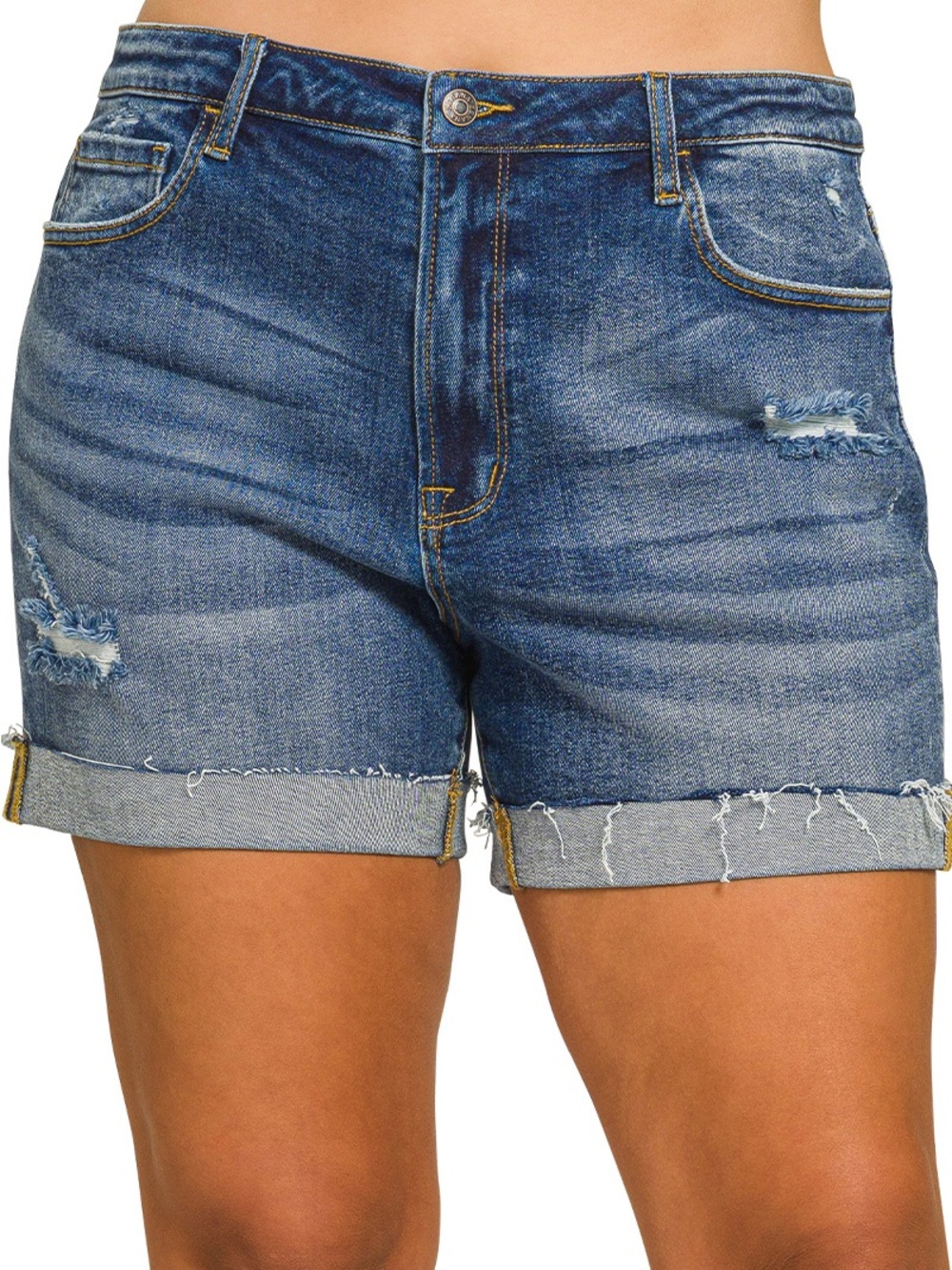 Zenana PLUS DISTRESSED CUFFED RAW HEM DENIM SHORTS
